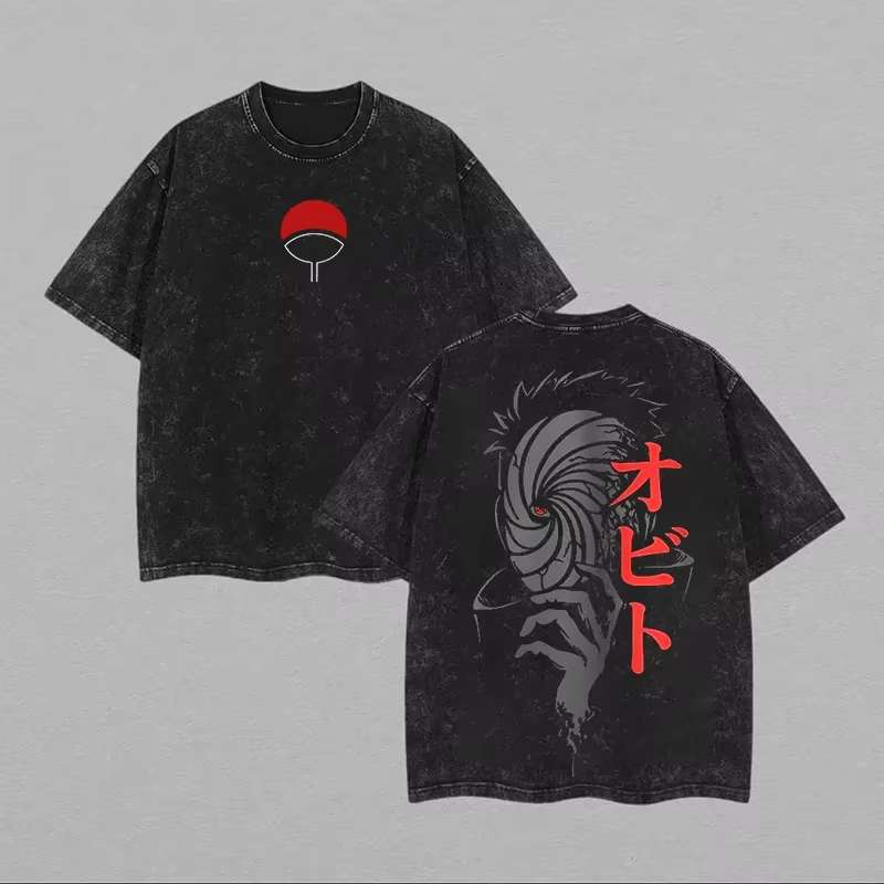 Acid Wash Vintage Graphic T Shirt - Naruto Obito Uchiha Męska Koszulka z
