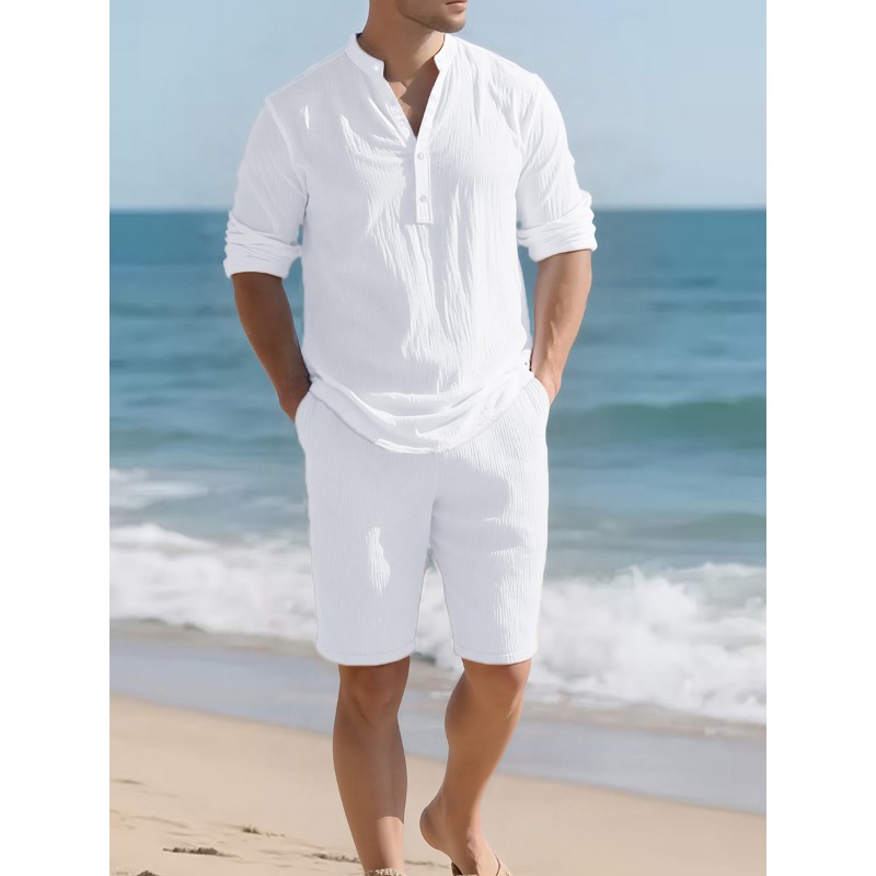Mens Linen Shirt Long Sleeve - Męski biały dwuczęściowy zestaw z mieszanki