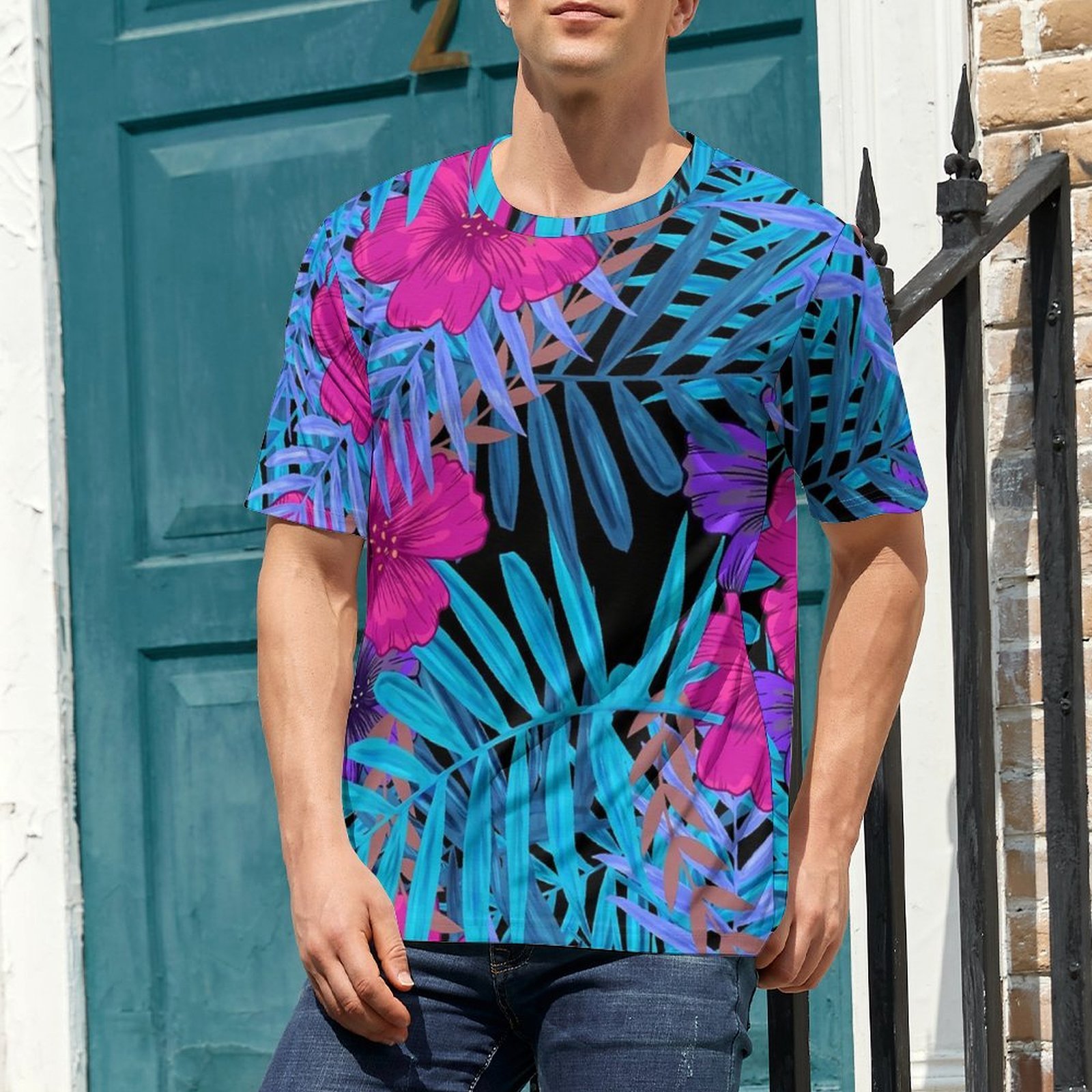 Vintage Hawaiian Floral Shirt - Luźna koszulka T-shirt z tropikalnymi motywami