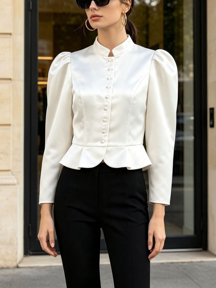 Mandarin Collar Formal Shirt Slim Fit - Bluzka z peplumem, długi rękaw, bufiaste