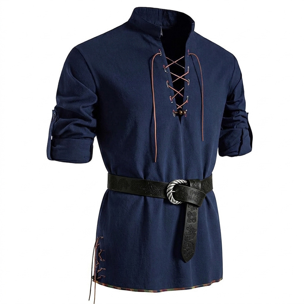 Medieval Gothic Lace Up Pirate Shirt - Męska koszula vintage z bawełny, z